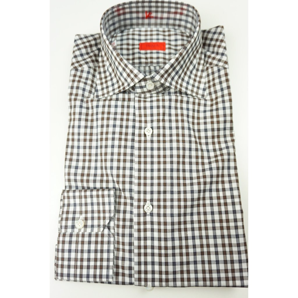 Isaia Napoli Wine Red White Gingham Long Sleeve Cotton Dress Shirt 15.5/39 New